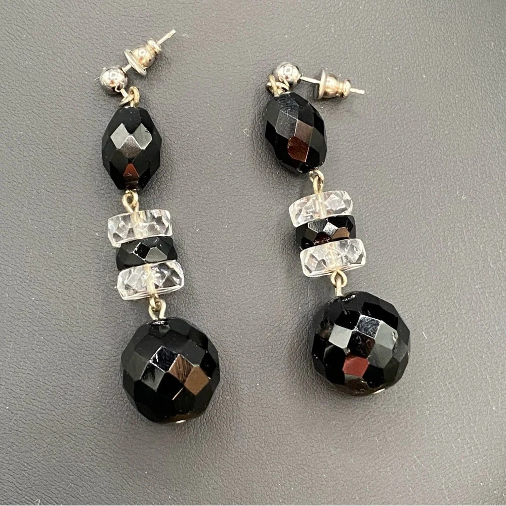 Jet Black Faceted Glass Beaded Dangly Earrings